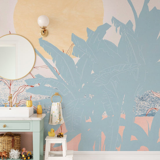 Miami moon tropical wall mural with blue palm leaves and sun wallpaper.