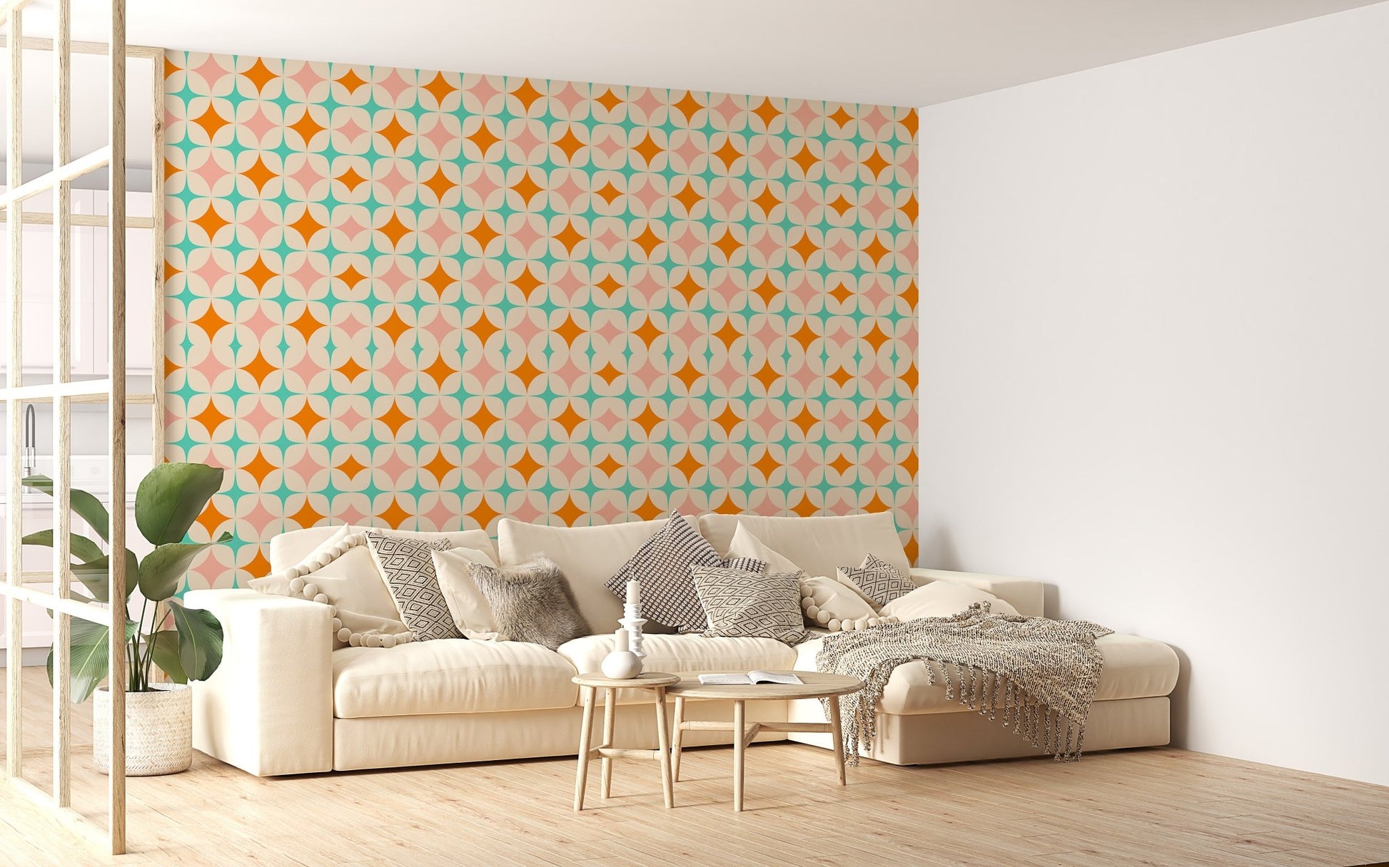 Starburst pattern wall mural design in a spacious living room with a large white sectional sofa.