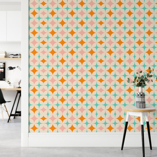 Mid Century Modern Art Pattern Wall mural in a bright home office with a white desk.