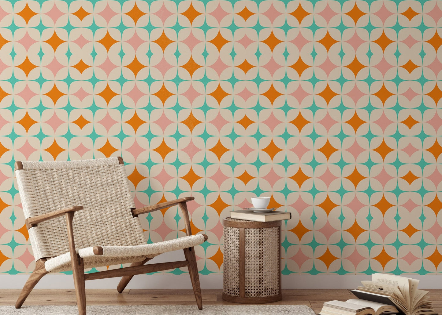 Geometric star wall mural in a living area featuring a tan leather chair and side table.