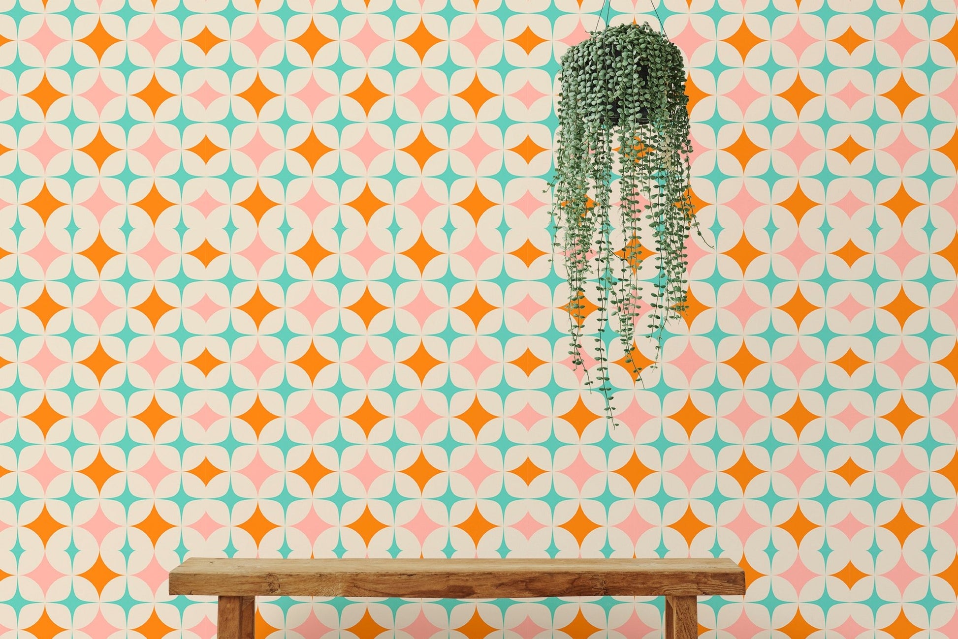 Mid Century Modern Art Pattern Wall mural as a backdrop for a wooden bench and ivy.