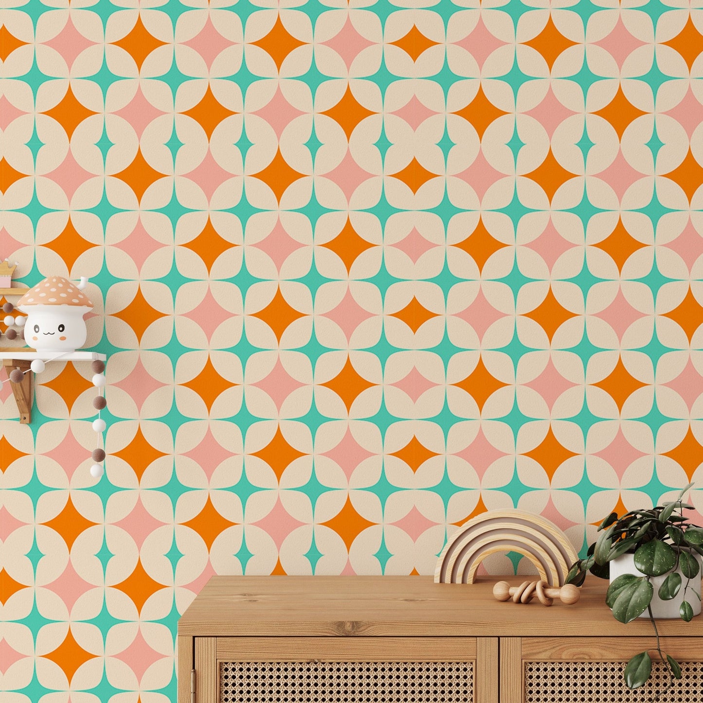Retro starburst pattern wall mural behind a wooden sideboard and minimalist decor.