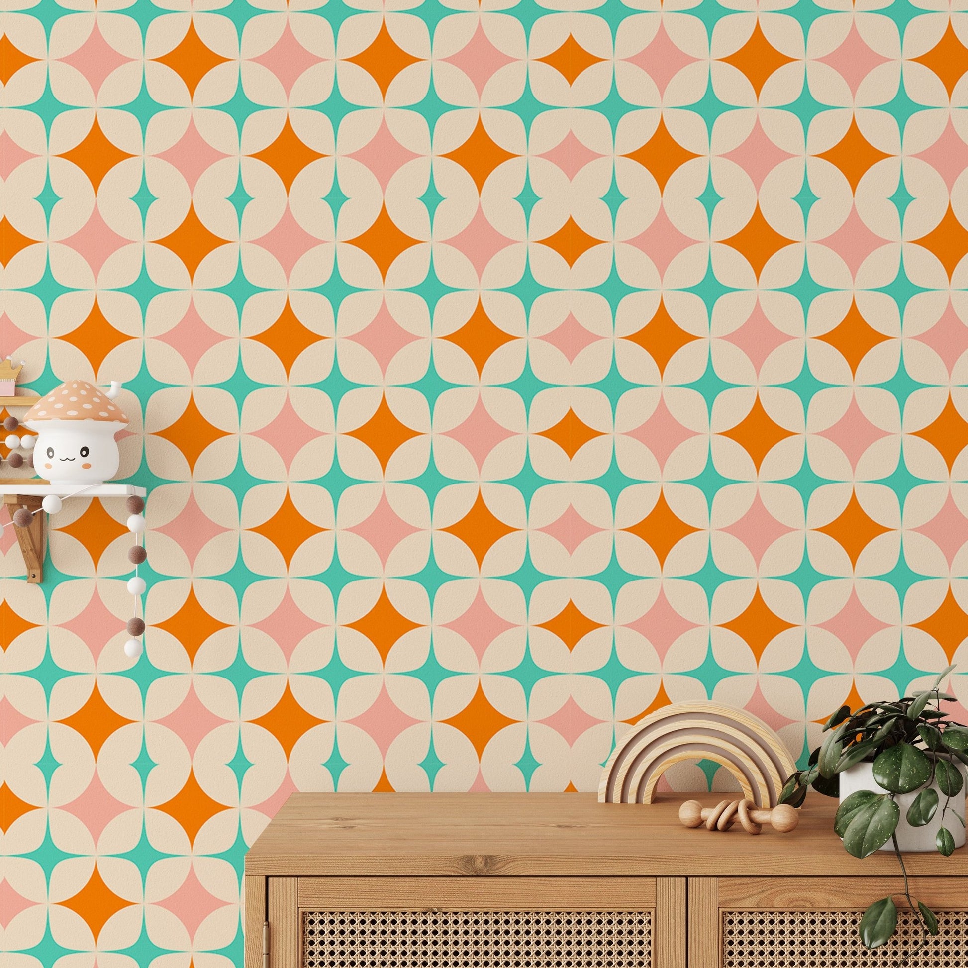 Retro starburst pattern wall mural behind a wooden sideboard and minimalist decor.