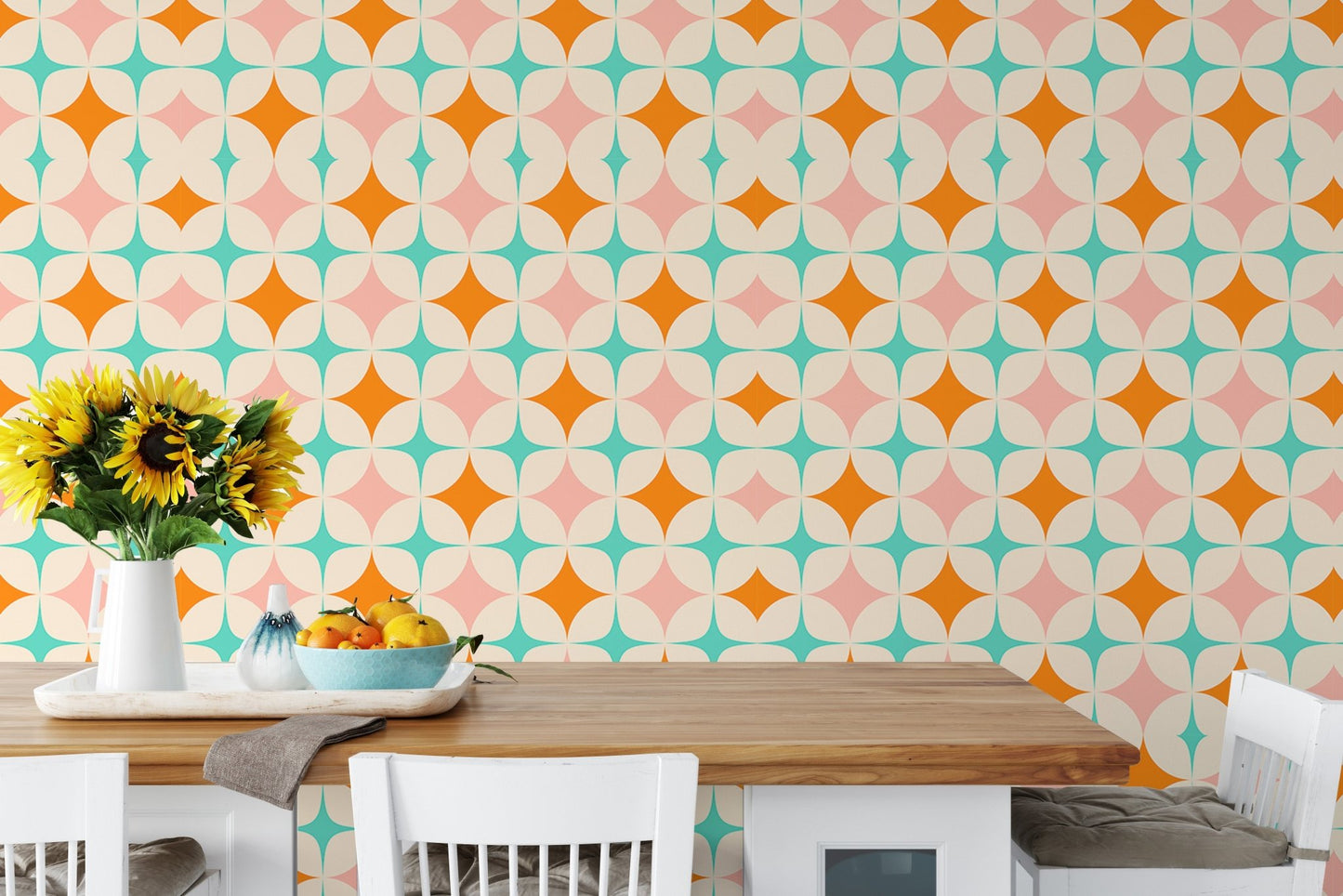 Mid Century Modern Art Pattern Bundle Vintage Wall mural in a dining area with yellow flowers.