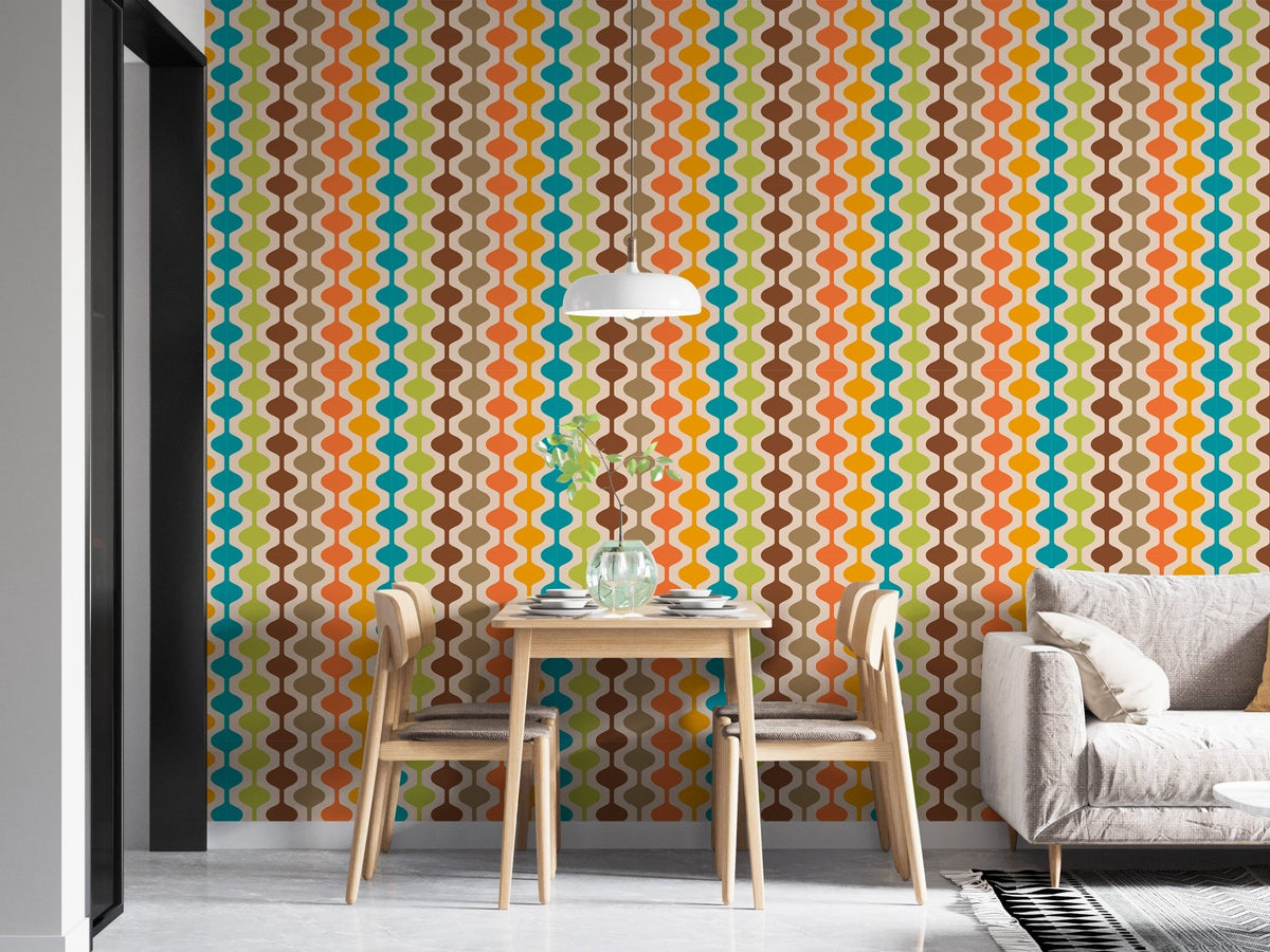 Mid Century Modern Atomic Geometric Retro Wall mural in a bright dining area. 