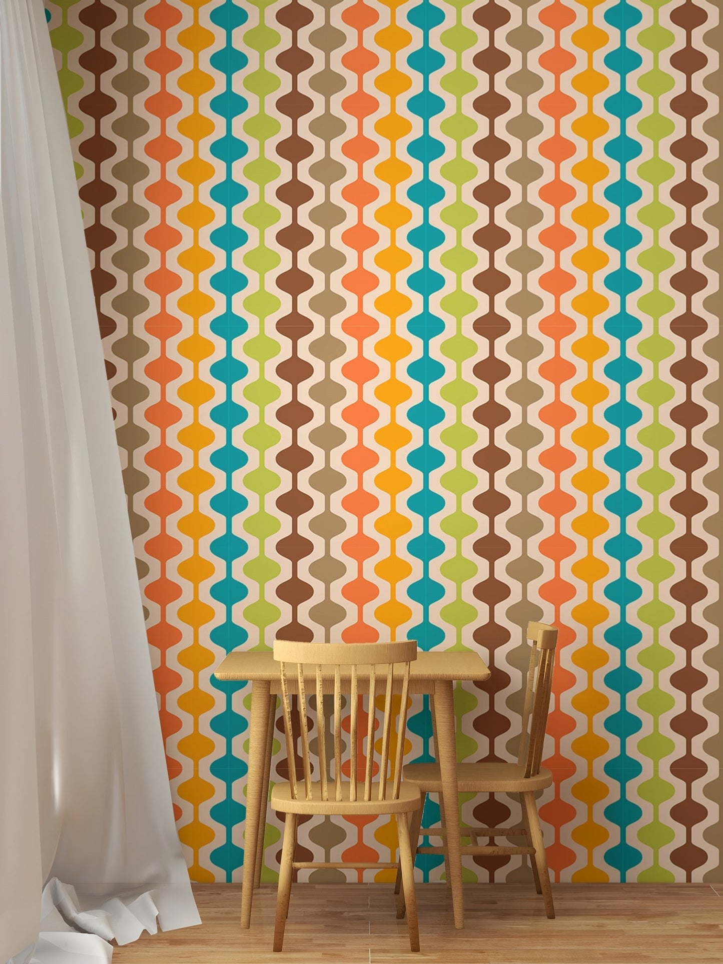 Atomic style wall mural behind a small wooden dining table and chairs.