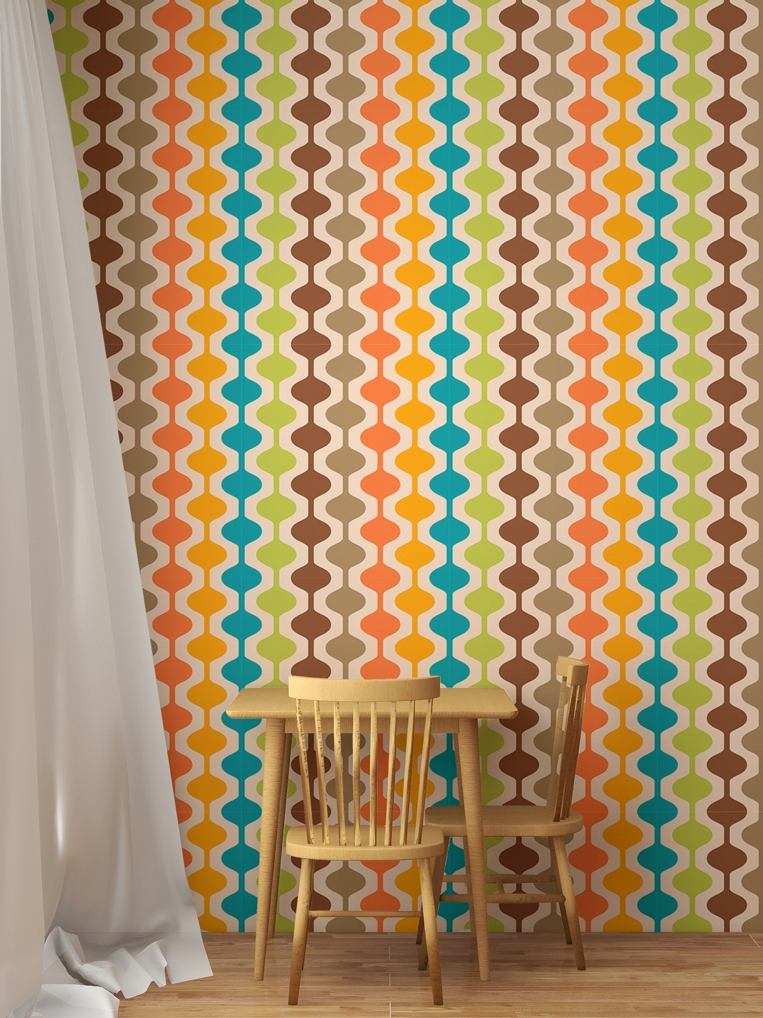 Atomic style wall mural behind a small wooden dining table and chairs.