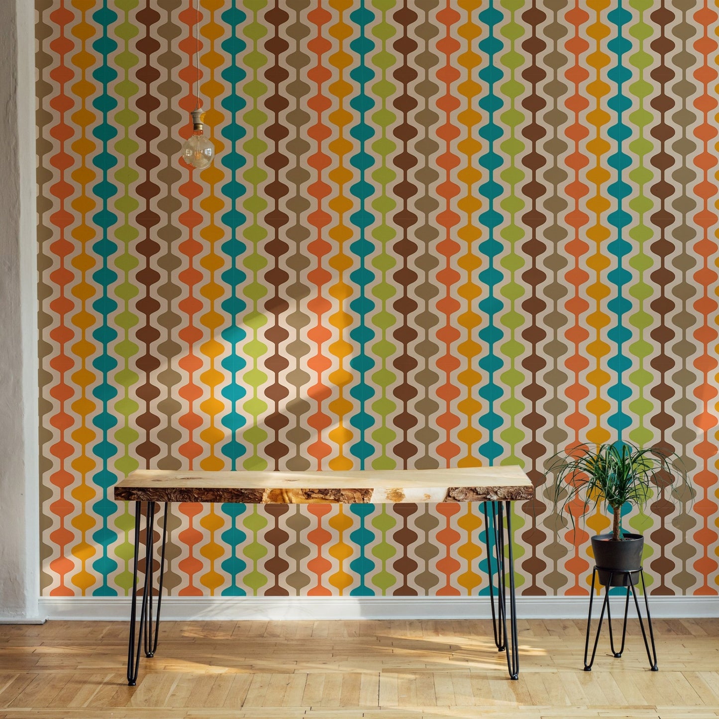 Geometric retro mural used as a feature wall in a minimalist home office.
