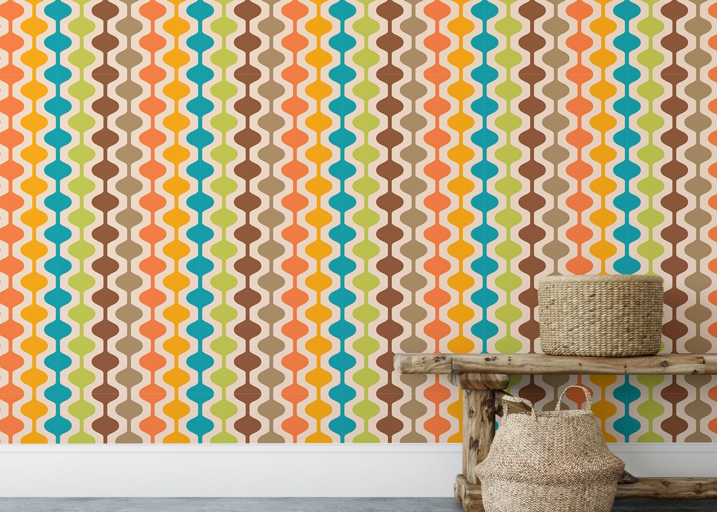 Mid Century Modern Atomic Geometric Retro Wall mural behind a side table.