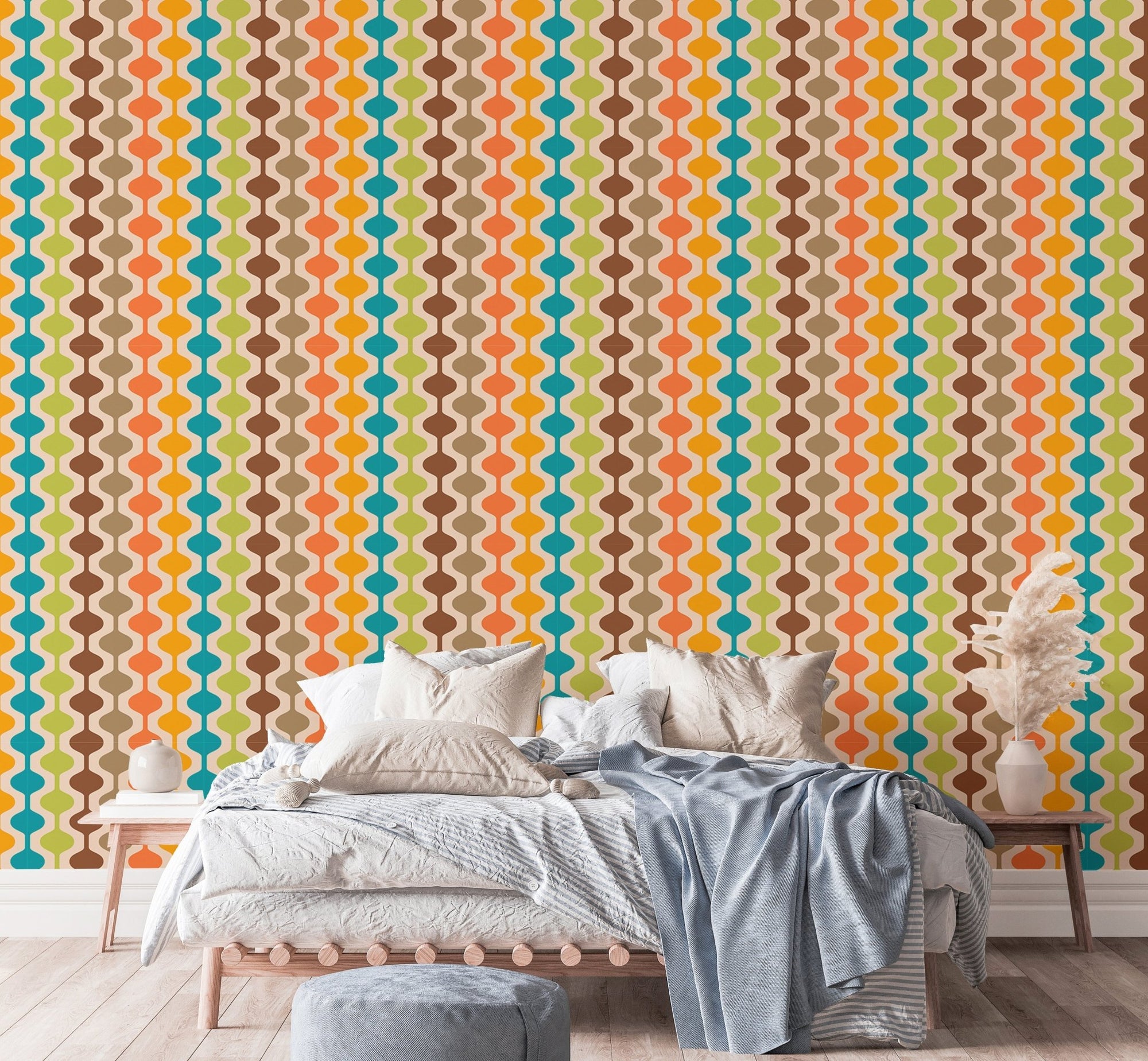 Mid Century Modern Atomic Geometric Retro Wall mural behind a bedroom headboard.
