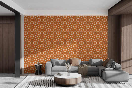 Mid-century modern pattern wallpaper with repeating orange semicircles on cream.