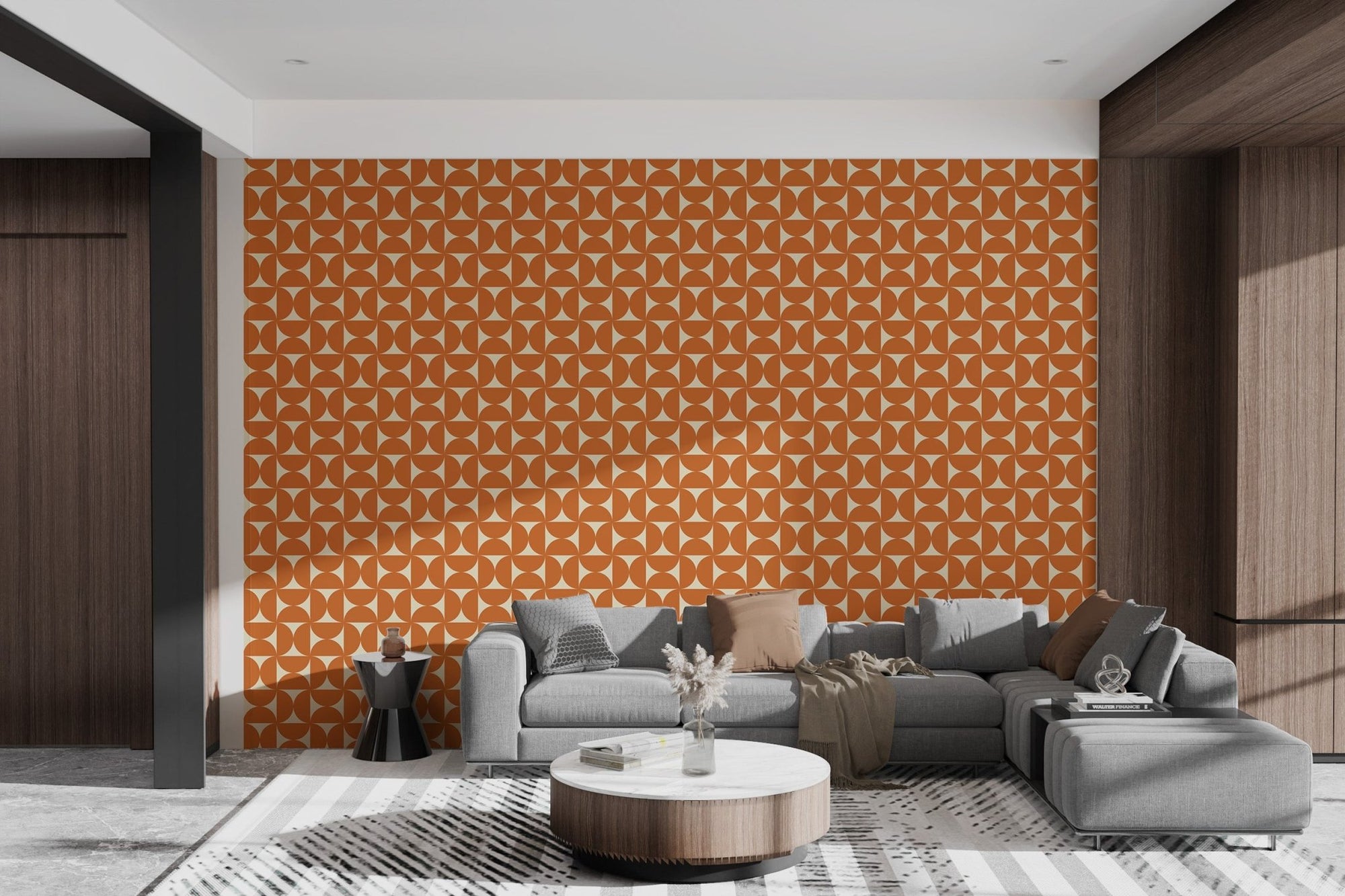 Mid-century modern pattern wallpaper with repeating orange semicircles on cream.