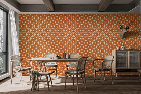 Retro geometric wall mural featuring a symmetrical burnt orange curved design.