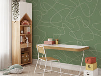 Minimalist green wallpaper featuring organic curve wall mural pattern.