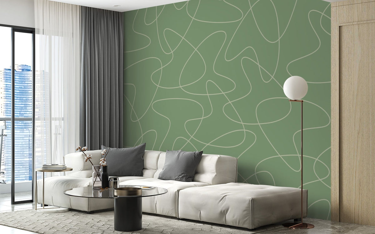 Olive green abstract wallpaper with thin cream line wall mural.