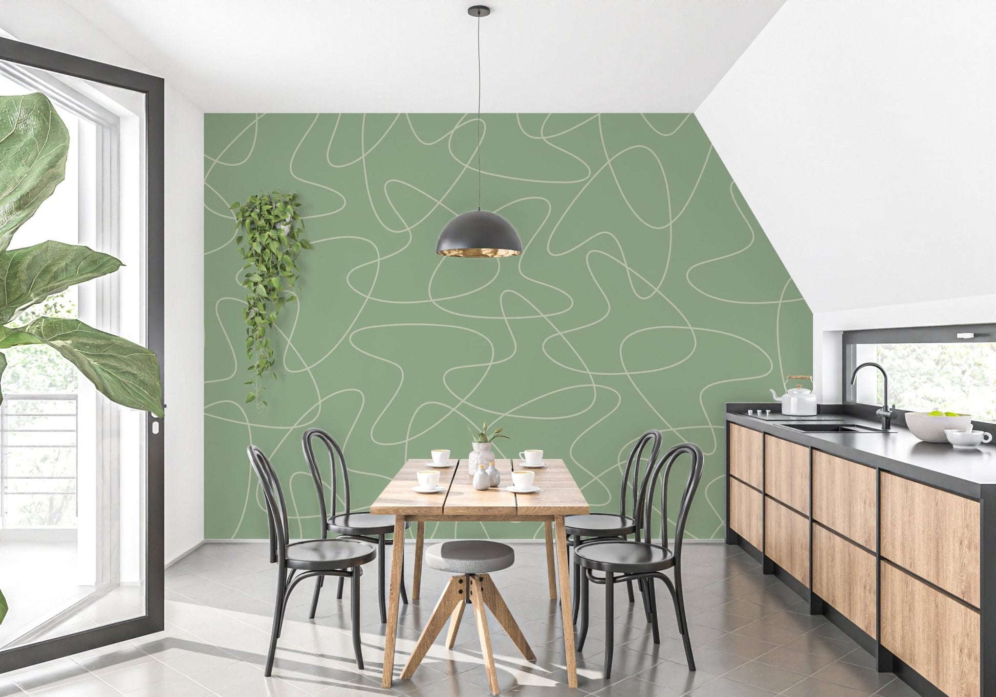 Soft green wall mural with mid-century pattern wallpaper look.