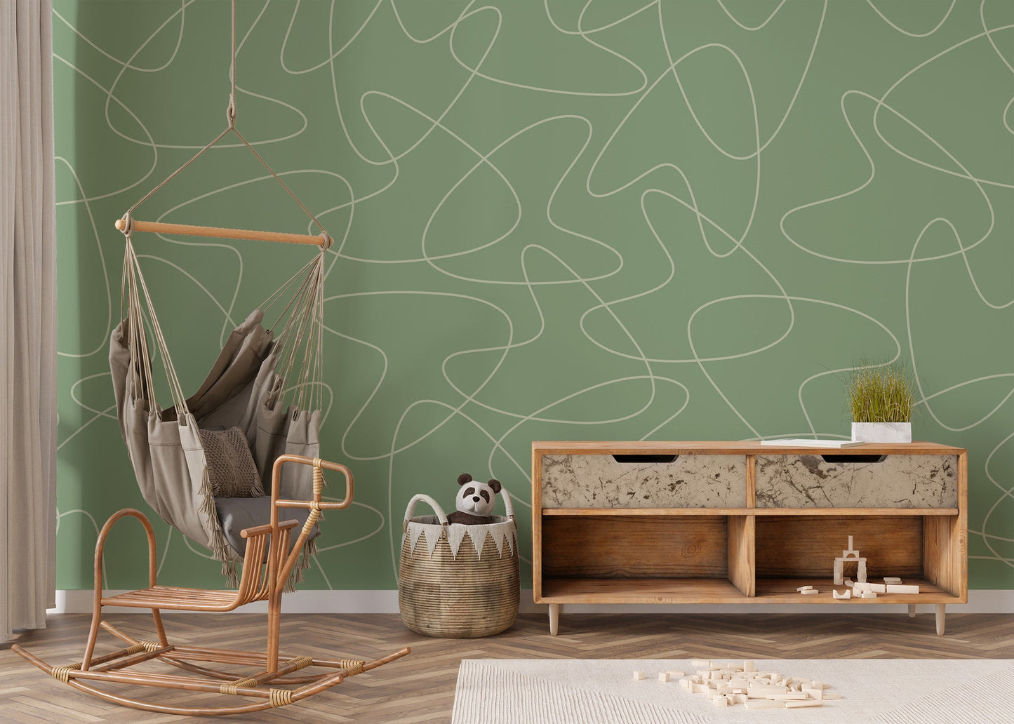 Retro curve wallpaper design in green wall mural aesthetic.