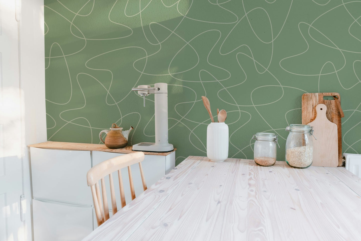Mid-century modern wall mural green abstract line wallpaper design.