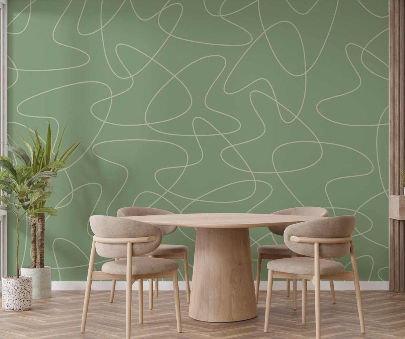Mid-century inspired wall mural with flowing line art wallpaper.
