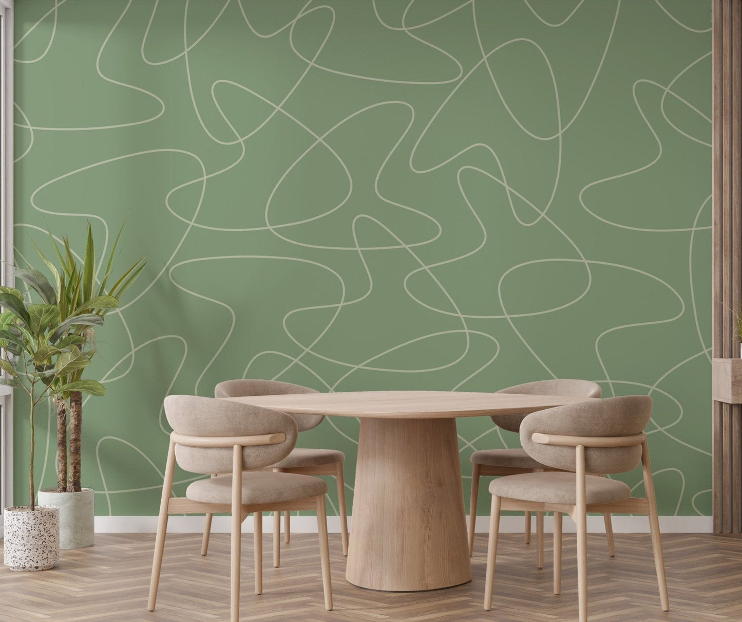 Mid-century inspired wall mural with flowing line art wallpaper.