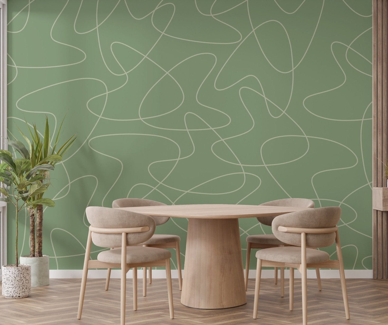 Mid-century inspired wall mural with flowing line art wallpaper.