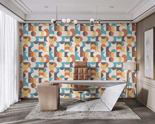 Geometric mid-century retro pattern wallpaper with orange and teal semicircles.