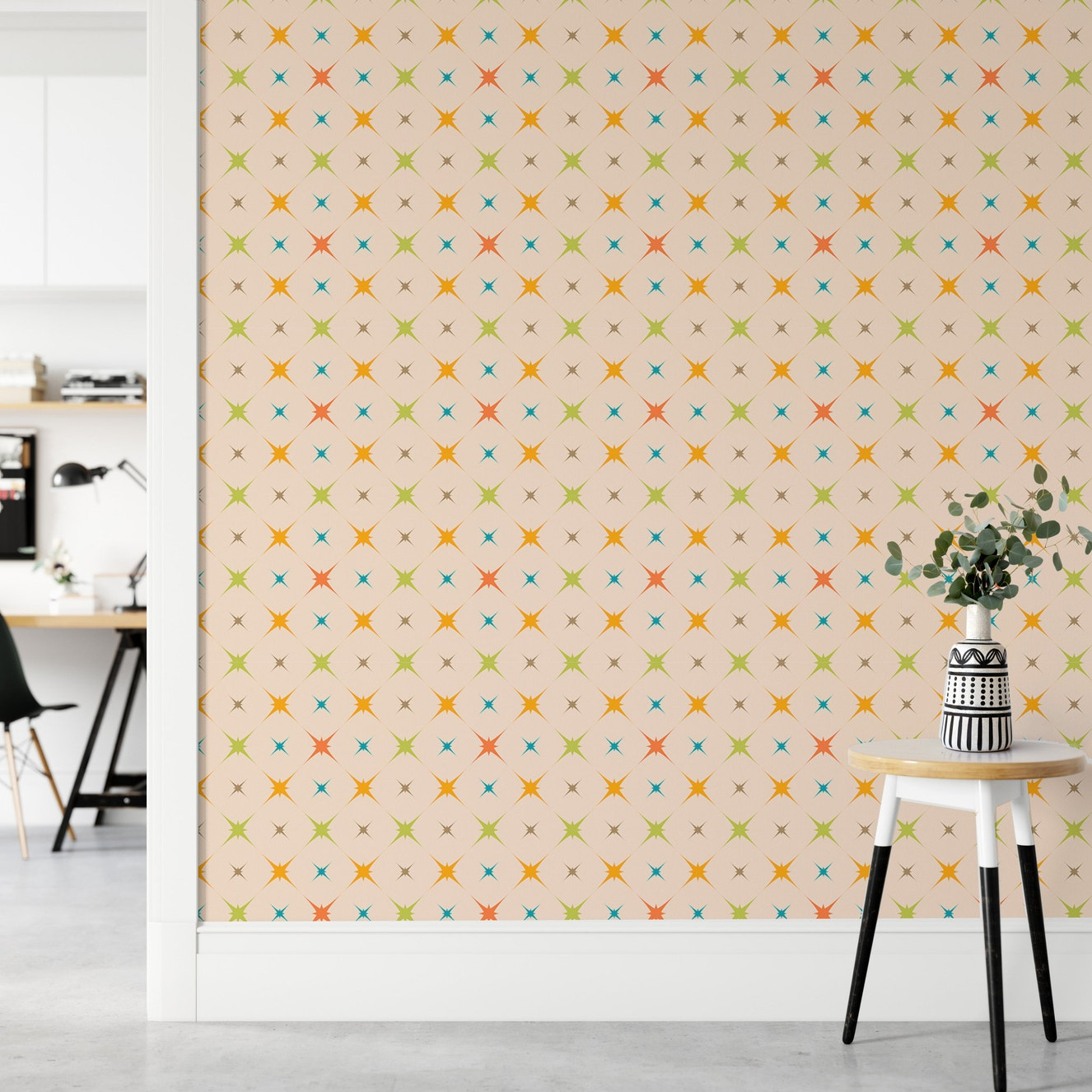 Colorful Atomic Starburst Wall mural Design in hallway.
