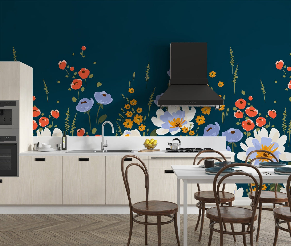 Modern floral wallpaper mural on deep blue background color.