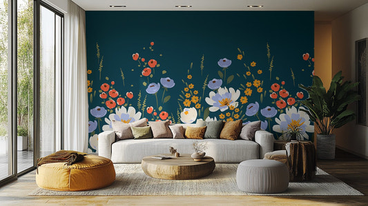 Midnight blossoms wallpaper mural with navy floral wall mural design.