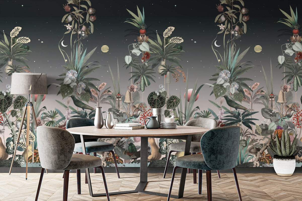 Detailed botanical wallpaper with oversized pears and forest creatures.