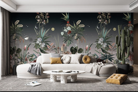 Midnight botanical wall mural with dark starry sky and tropical plants.