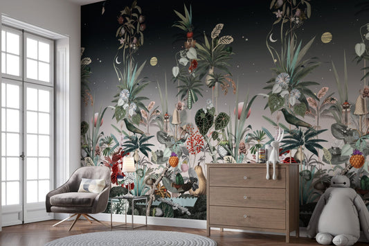 Dark botanical wallpaper featuring surreal garden and crescent moons.