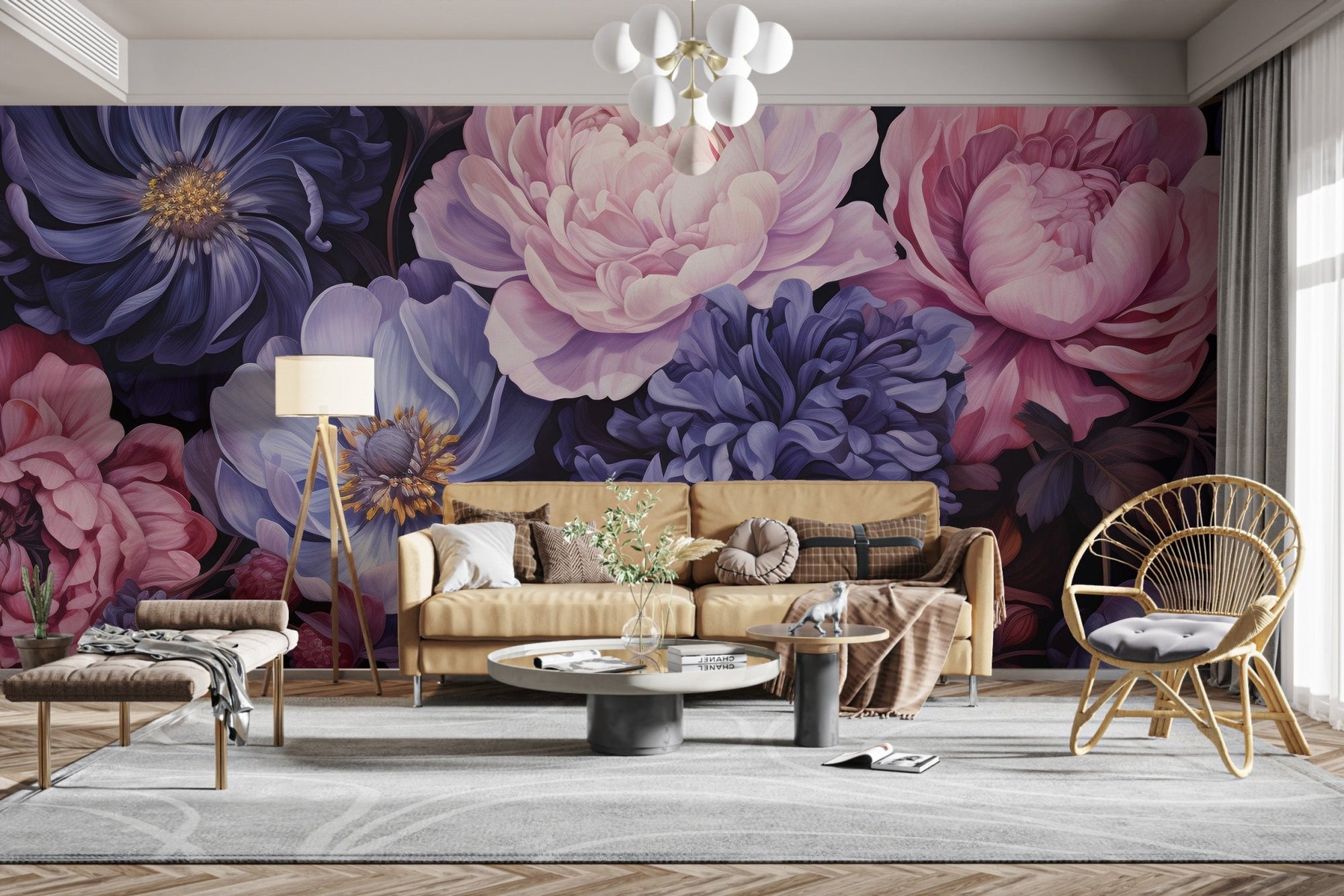 Midnight florals wall mural with navy and blush peony blooms.