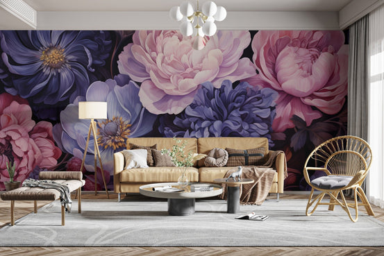 Midnight florals wall mural with navy and blush peony blooms.