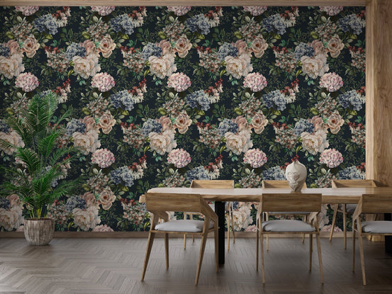 Midnight Garden Floral wallpaper mural behind a wooden dining table