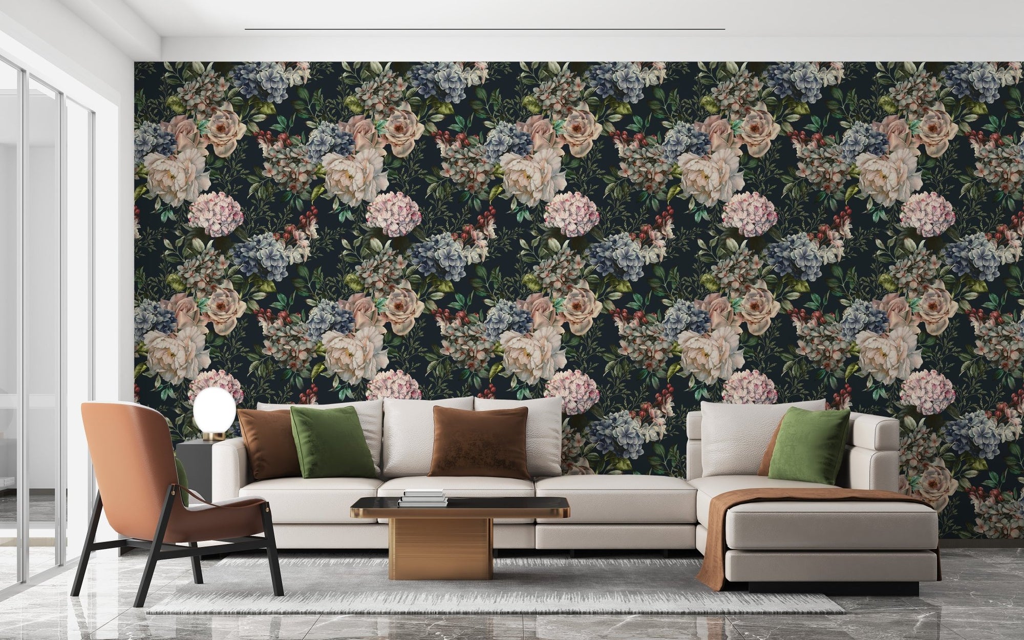 Midnight Garden Floral wallpaper in a minimalist living room setting