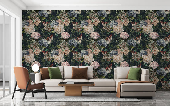 Midnight Garden Floral wallpaper in a minimalist living room setting