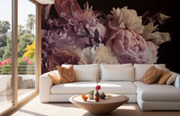 Midnight Garden Romance Wall Murals behind a white sofa in a bright living.