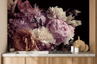 Peony garden pattern wall mural in a kitchen with wooden cabinets and marble tops.