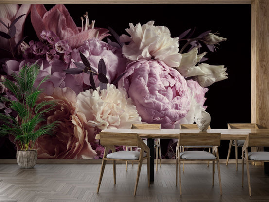 Midnight Garden Romance Wall Murals in a dining room with wooden furniture.