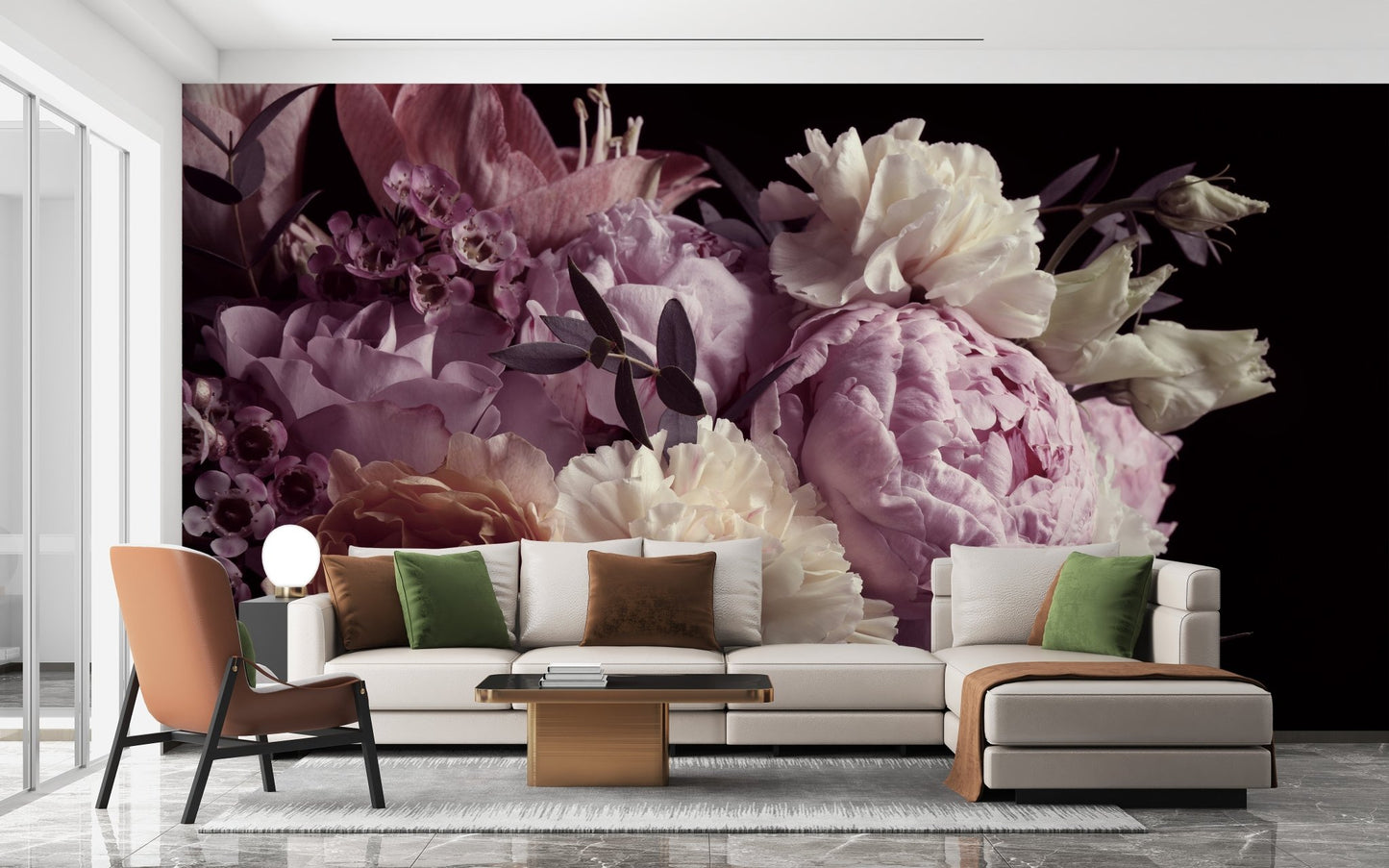 Midnight Garden Romance Wall Murals in a living room with a brown armchair.