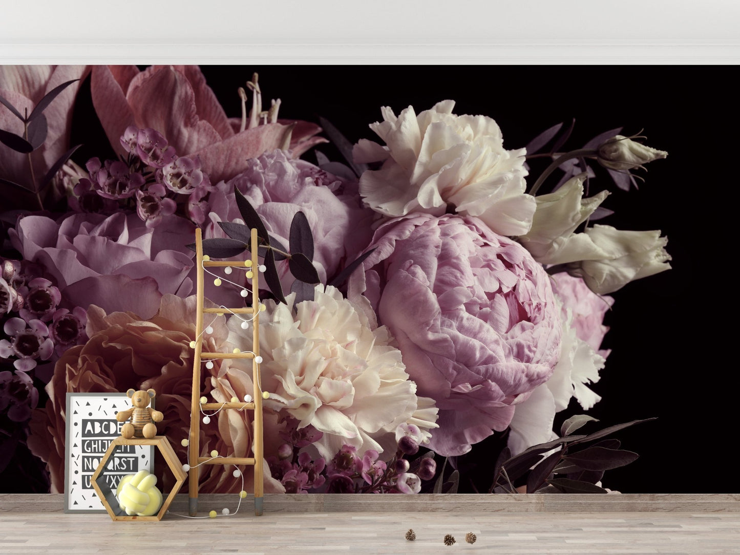 Dark floral garden wall mural with pink peonies in a modern living space.