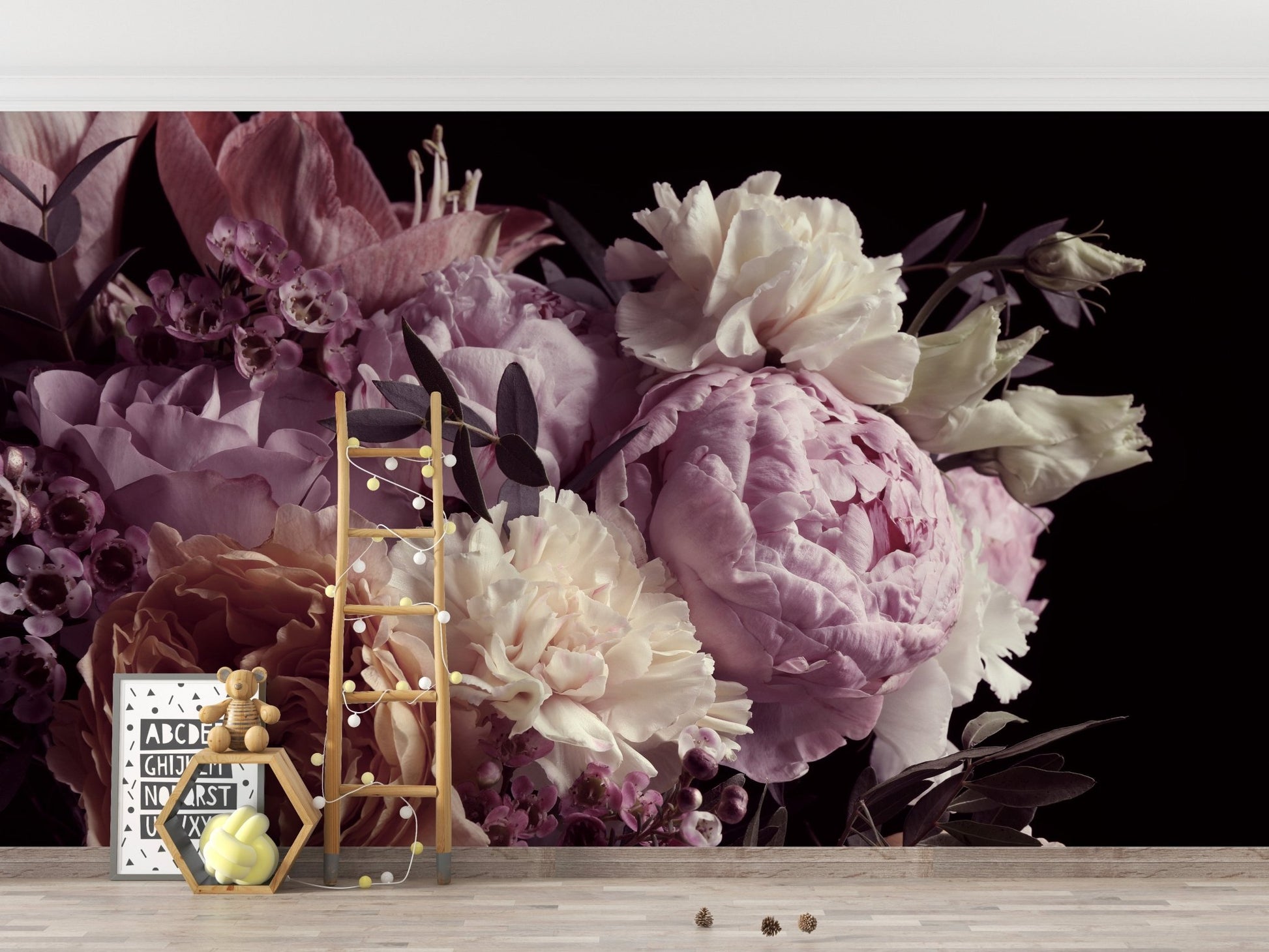 Dark floral garden wall mural with pink peonies in a modern living space.