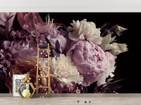 Dark floral garden wall mural with pink peonies in a modern living space.