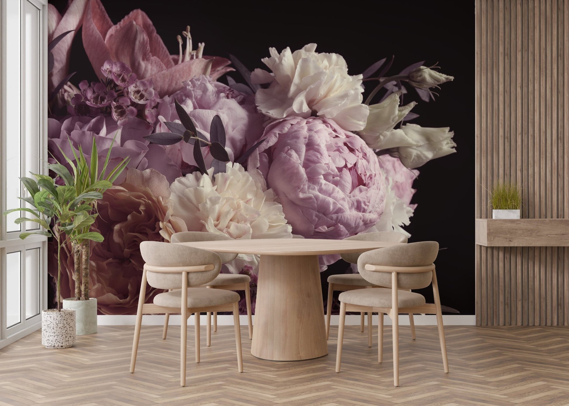 Midnight Garden Romance Wall Murals behind a wooden dining table set.