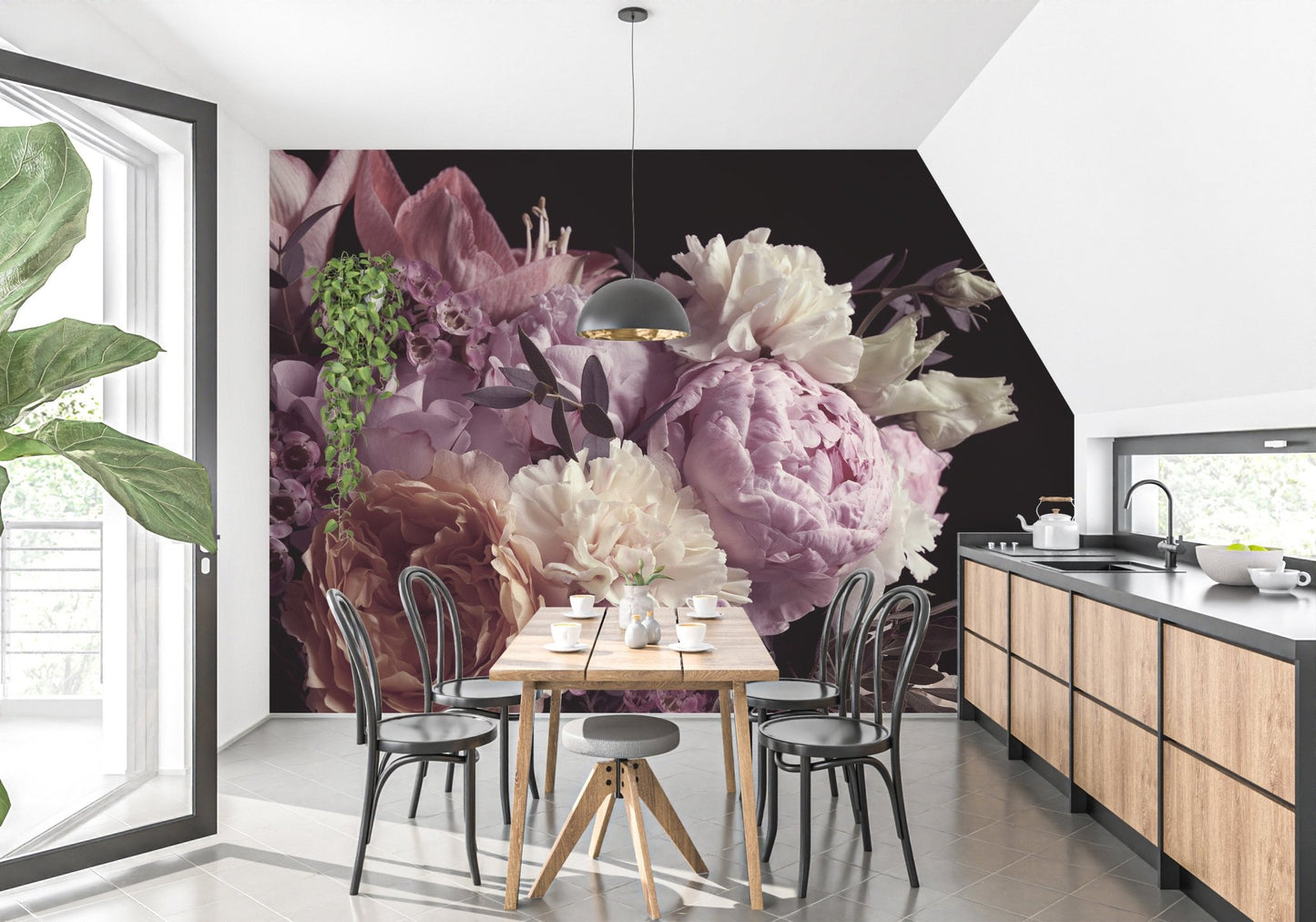 Moody floral garden wall mural in a modern kitchen and dining area.