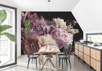 Moody floral garden wall mural in a modern kitchen and dining area.
