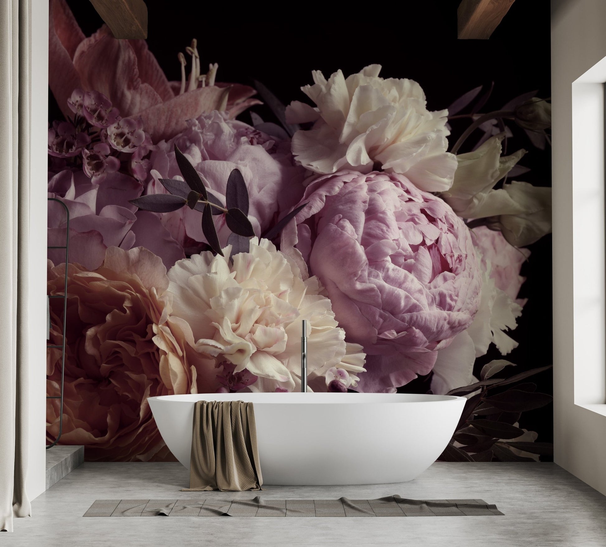 Dark floral garden wall mural in a bathroom with a white freestanding bathtub.