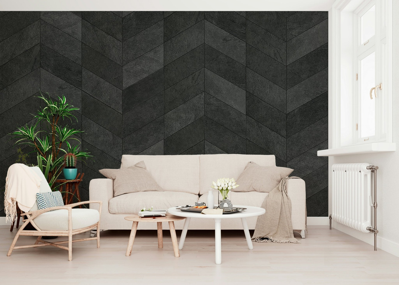 Midnight Herringbone Stone Wall Mural - Wallanza