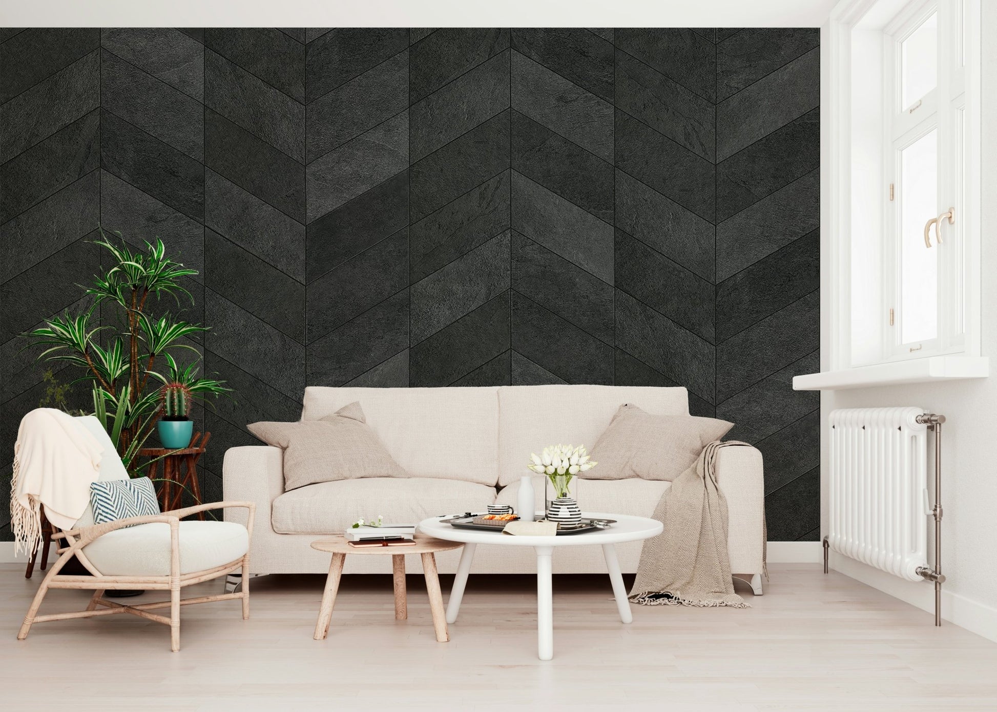 Midnight Herringbone Stone Wall Mural - Wallanza